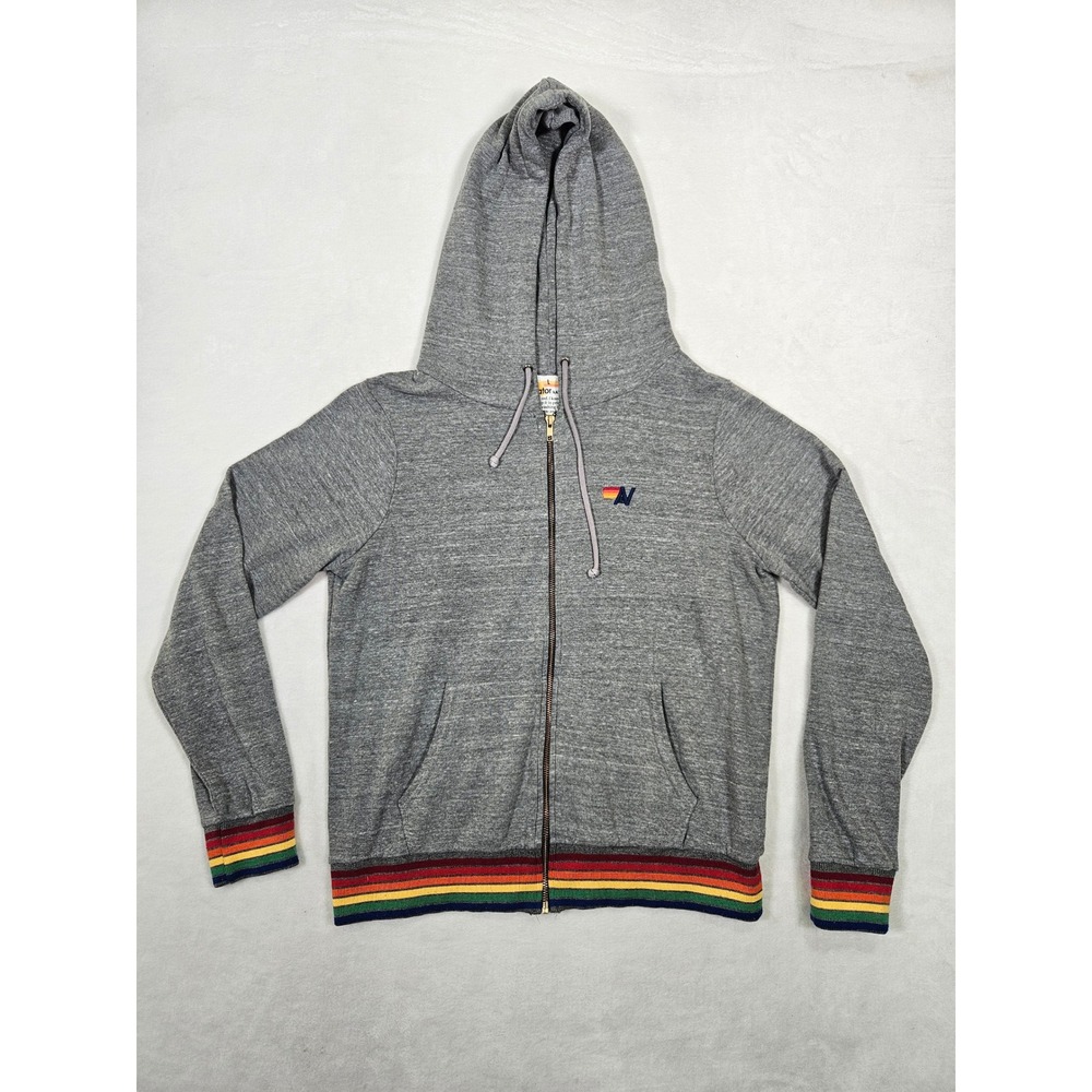 Aviator Nation Gray Rainbow Stripe Zip Up Hoodie Womens Large Made in USA